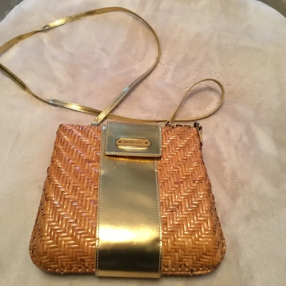 Monsac Wicker & Gold Patent Leather Shoulder/Crossbody Bag